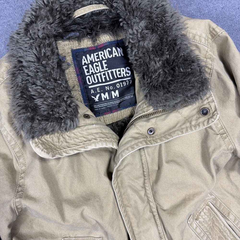 American Eagle Outfitters Jacket Mens Medium Khaki Faux Fur Lined Canvas Zip VTG